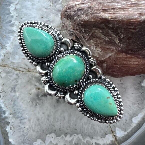 Sterling Silver Southwestern Style 3 Green Turquoise Adjustable Ring For Women - Picture 1 of 10